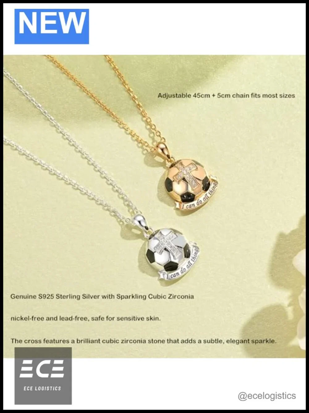 S925 Sterling Silver 18K Gold Plated Soccer Cross Necklace Cubic Zirconia
